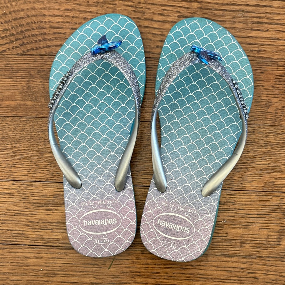 Havaianas Kids Teal to Lavender Ombre Flip Flops with Silver Glitter Straps